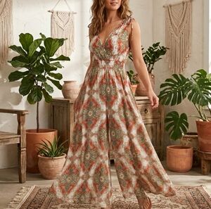 Band of the Free Paisley Wide Leg Jumpsuit Small V-Neck Tie Back Orange White